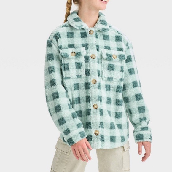 art class Other - Art Class Girls' Faux Shearling Plaid Shacket - Teal Green